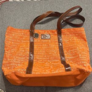 Patricia Nash Mesh Tote Bag Purse Orange Word Pattern with Brown Leather Straps